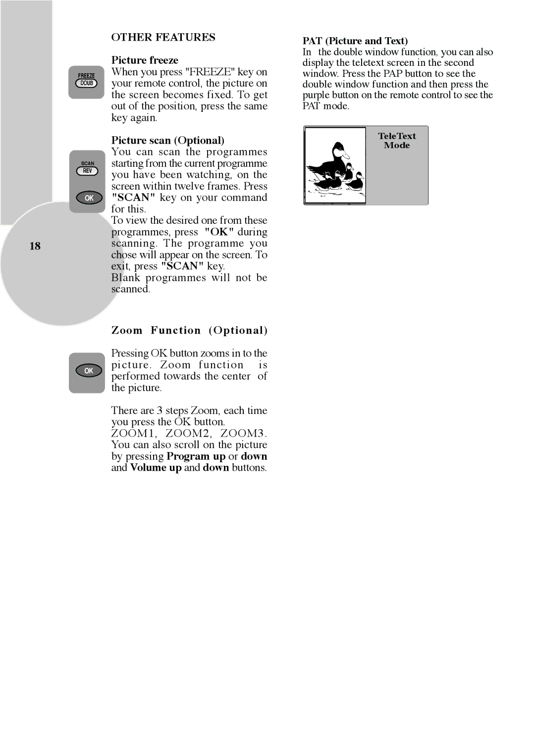 ITT CTV 29-100 ST operating instructions Picture freeze, Picture scan Optional, Zoom Function Optional 