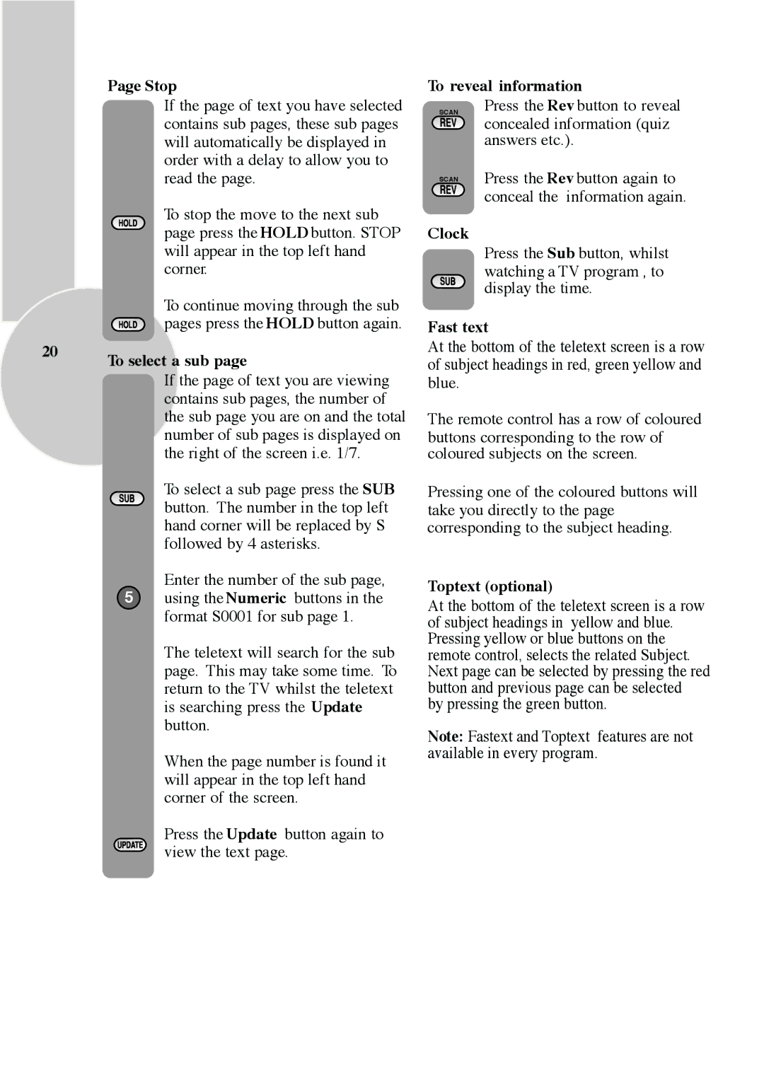 ITT CTV 29-100 ST operating instructions Stop, To select a sub, To reveal information, Clock, Fast text, Toptext optional 