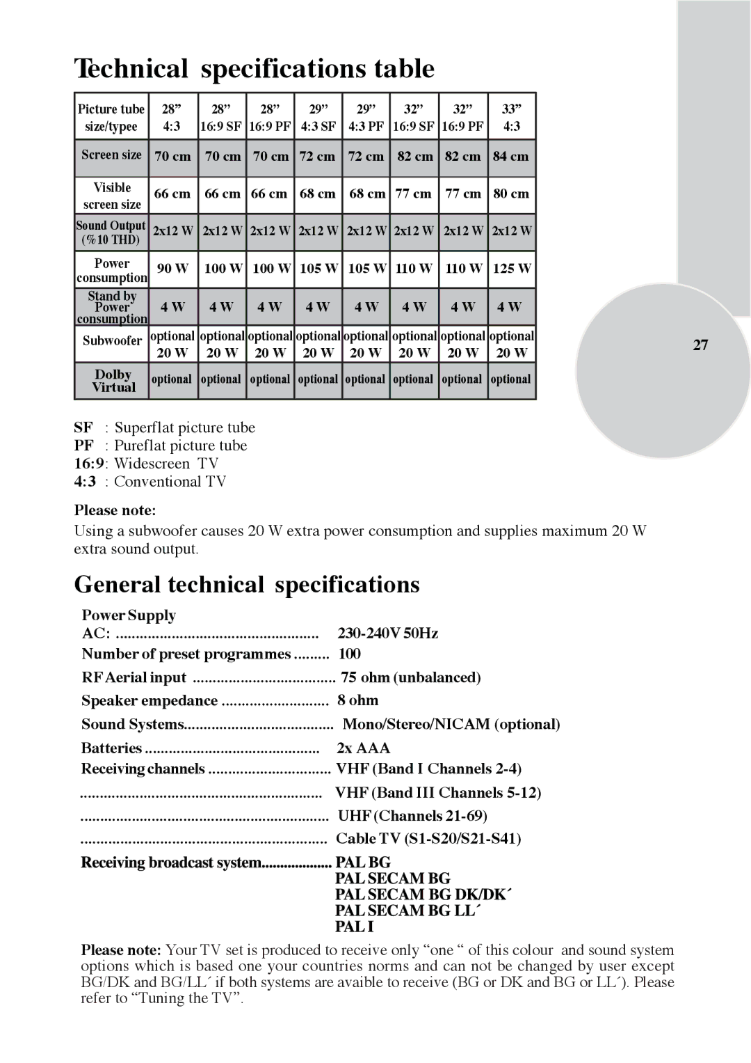 ITT CTV 29-100 ST operating instructions General technical specifications 