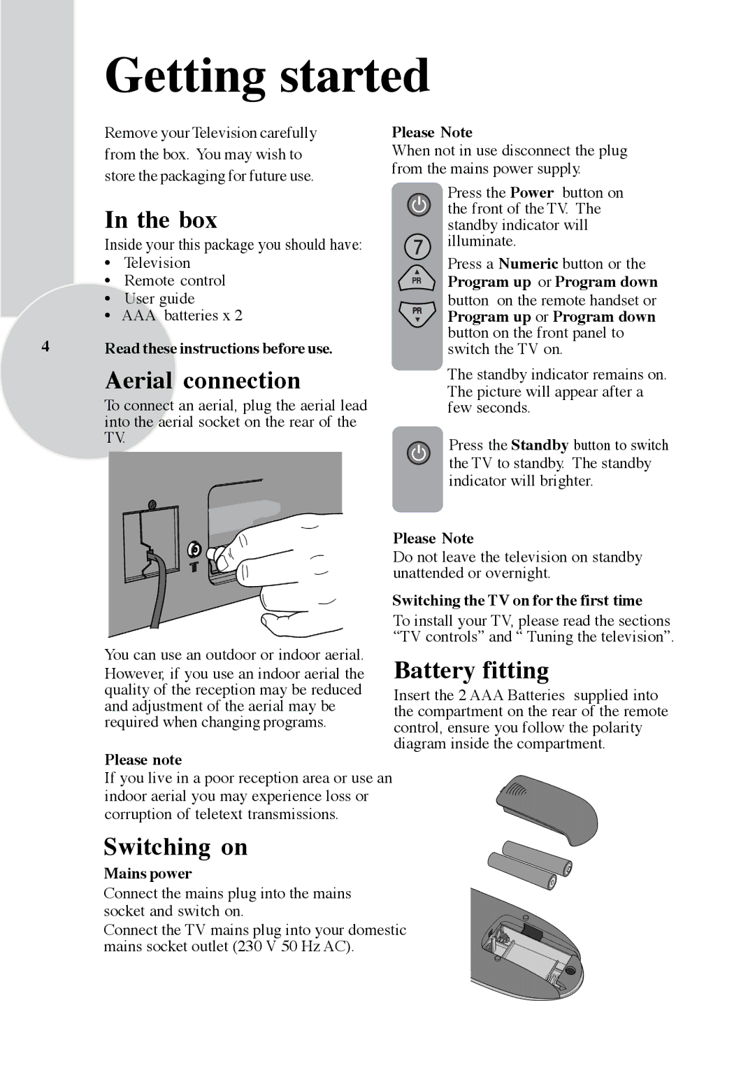 ITT CTV 29-100 ST operating instructions Getting started, Box, Aerial connection, Battery fitting, Switching on 