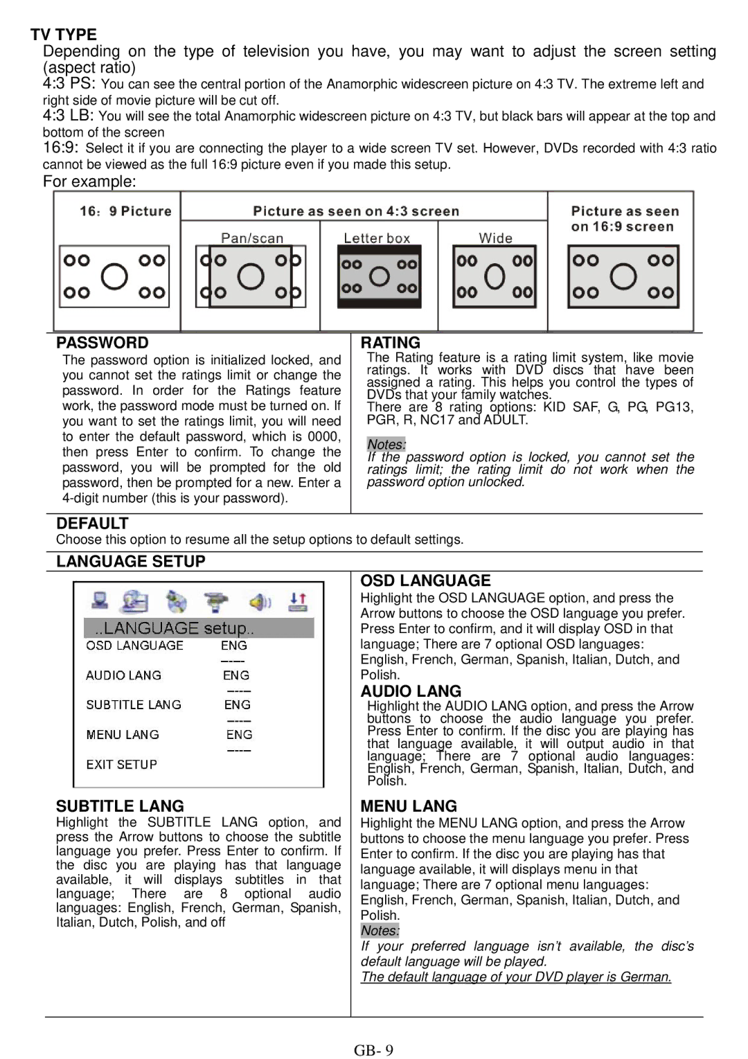 ITT DVD 10-101DX TV Type, Password, Rating, Default, Language Setup OSD Language, Audio Lang, Subtitle Lang Menu Lang 