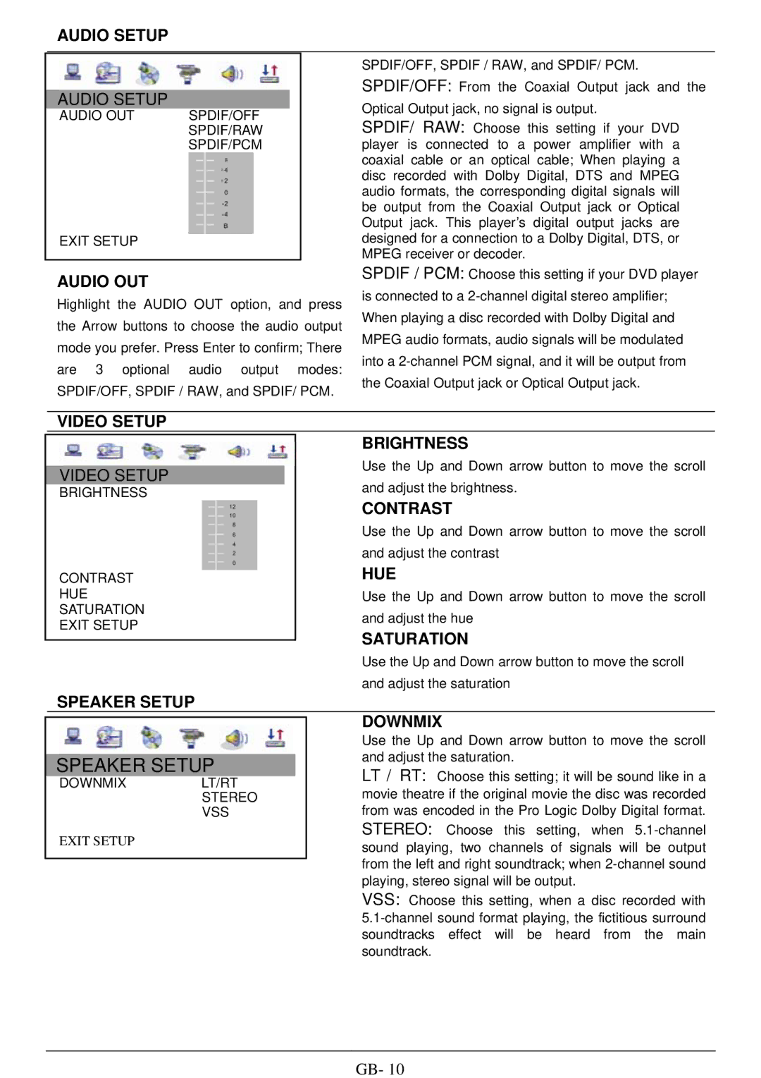 ITT DVD 10-101DX Audio Setup, Audio OUT, Video Setup Brightness, Contrast, Hue, Saturation, Speaker Setup, Downmix 