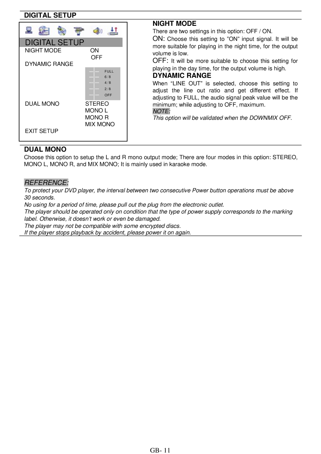 ITT DVD 10-101DX user manual Digital Setup Night Mode, Dynamic Range, Dual Mono 