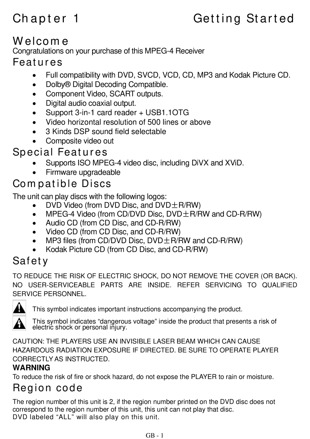 ITT DVD 10-101DX user manual Chapter Getting Started, Welcome 