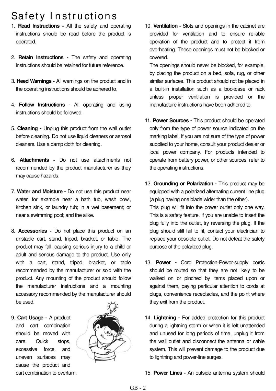 ITT DVD 10-101DX user manual Safety Instructions, Cart Usage a product 