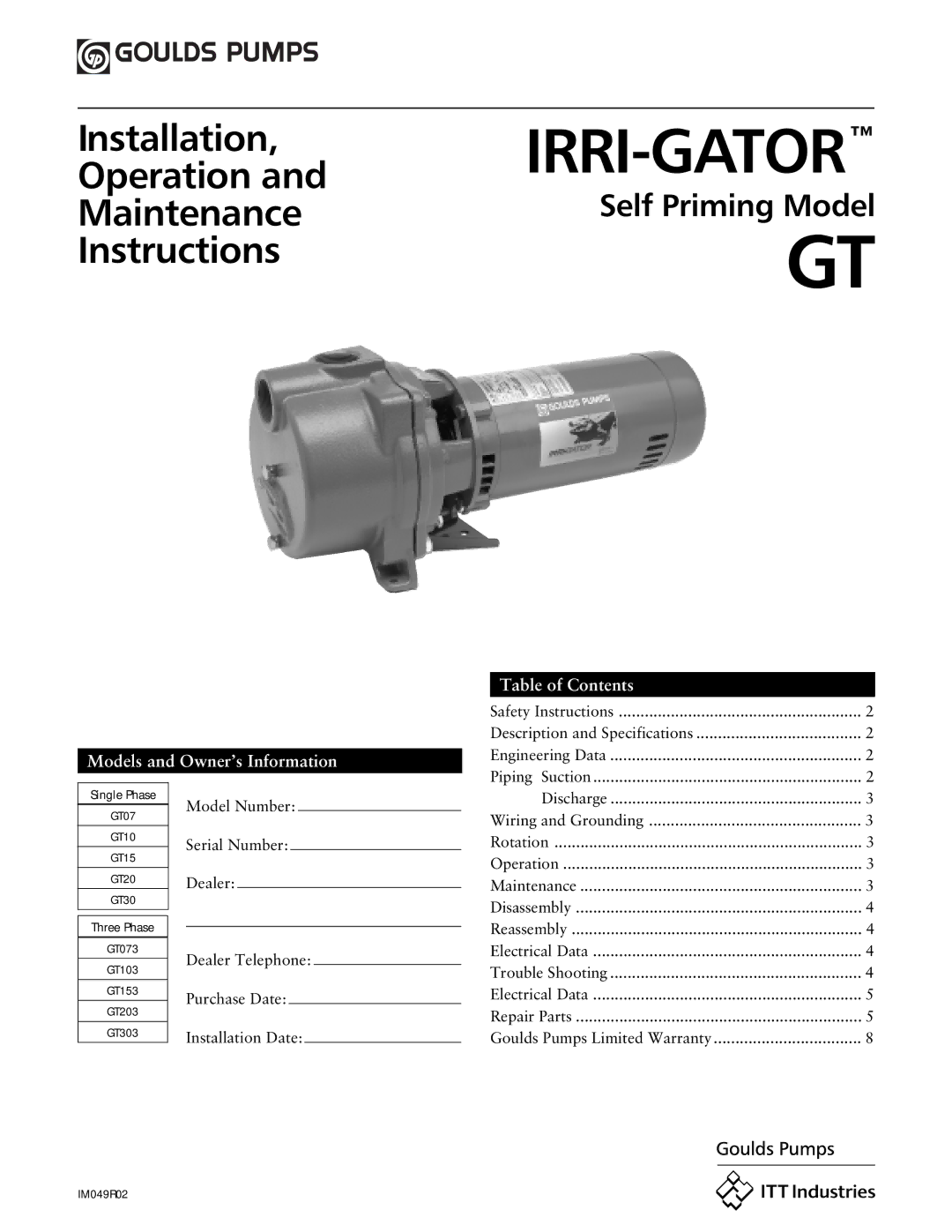 ITT GT30, GT10, GT15, GT20, GT07 specifications Irri-Gator, Models and Owner’s Information Table of Contents 