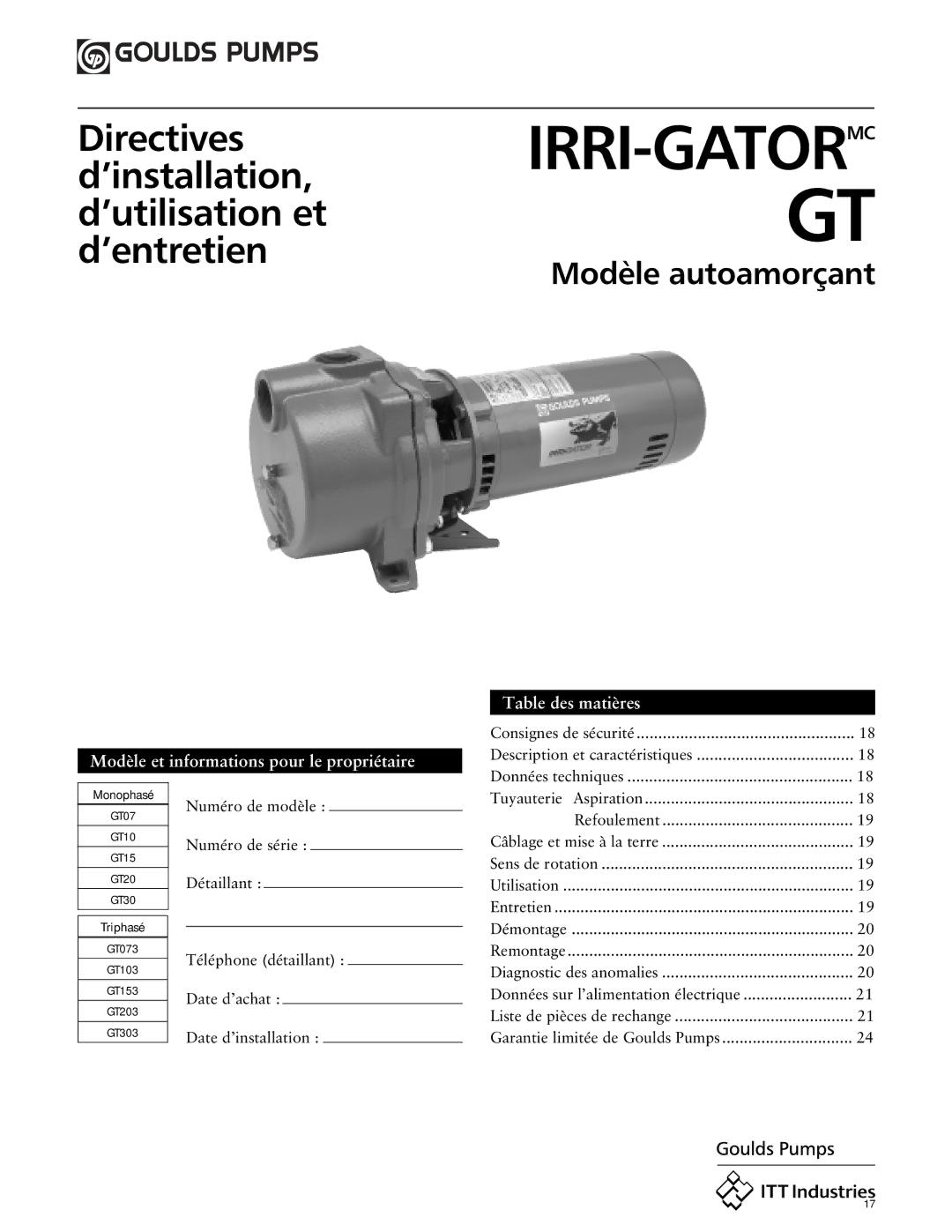 ITT GT15, GT10, GT30, GT20, GT07 specifications Modèle et informations pour le propriétaire, Table des matières 