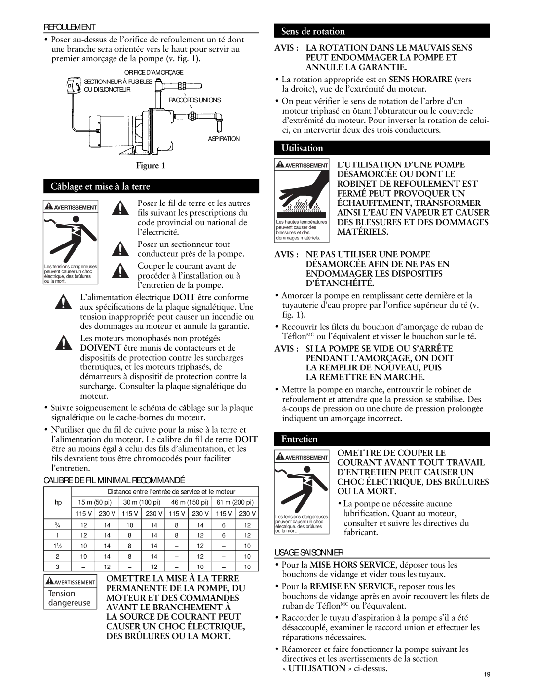 ITT GT07, GT10, GT30, GT15, GT20 specifications Sens de rotation, Utilisation Câblage et mise à la terre, Entretien 