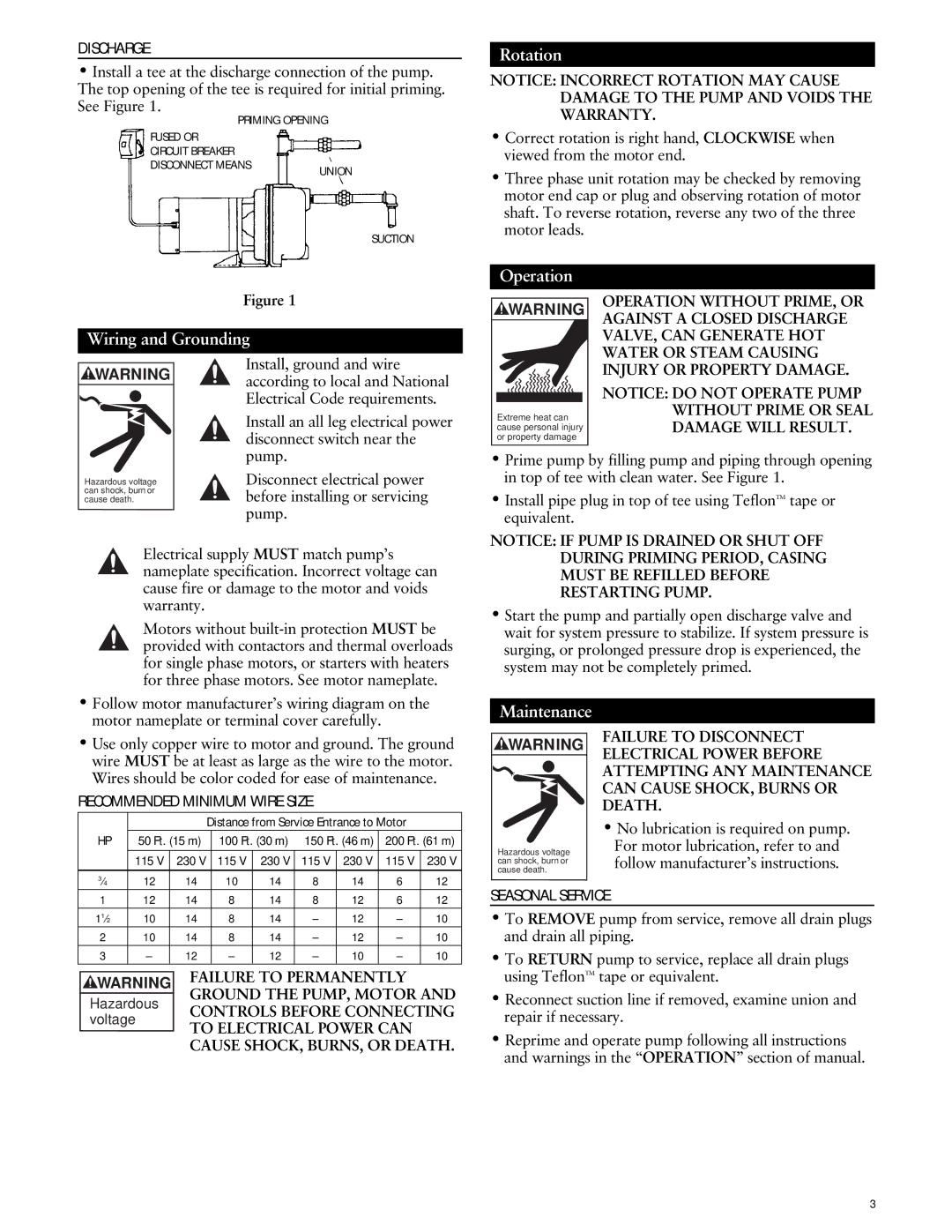 ITT GT20, GT10, GT30, GT15, GT07 specifications Rotation, Operation Wiring and Grounding, Maintenance 