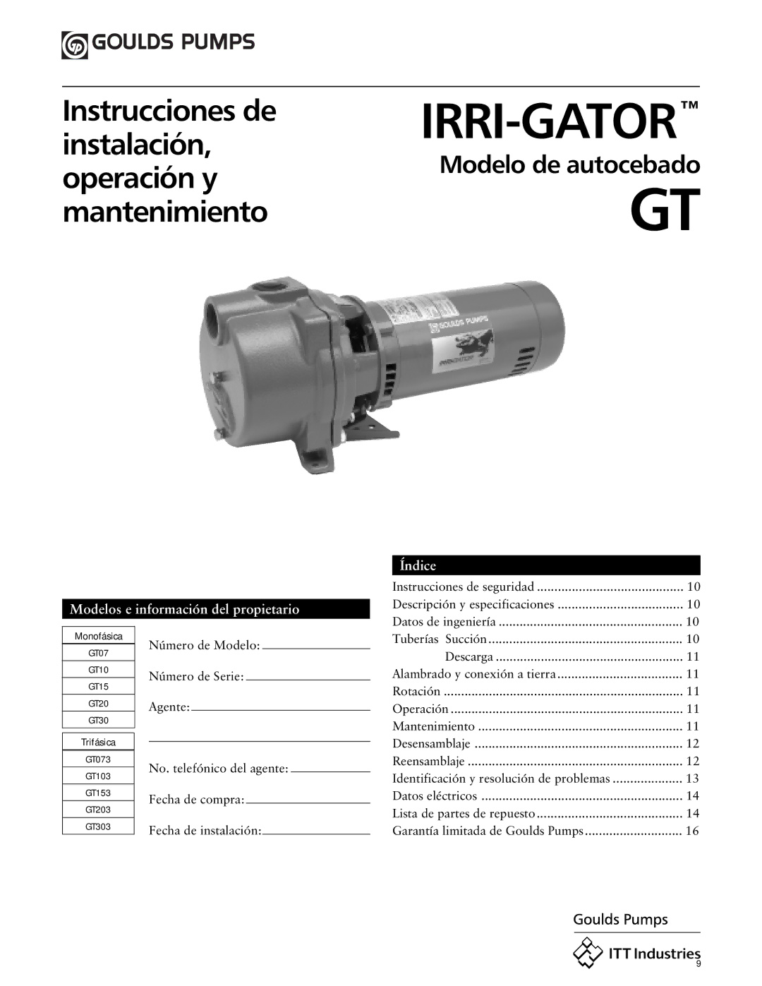 ITT GT07, GT10, GT30, GT15, GT20 specifications Modelos e información del propietario, Índice 