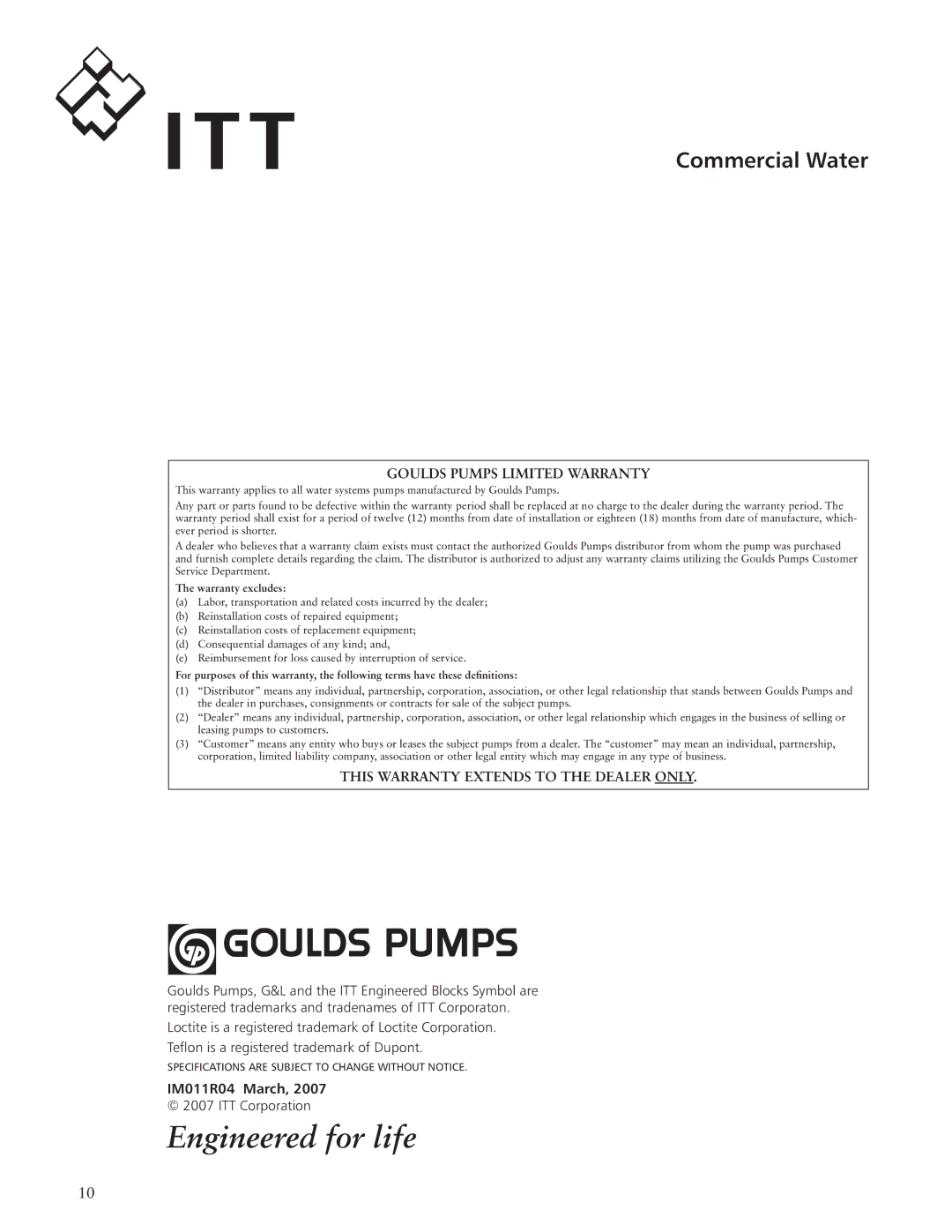 ITT ICS manual Goulds Pumps Limited Warranty, IM011R04 March 