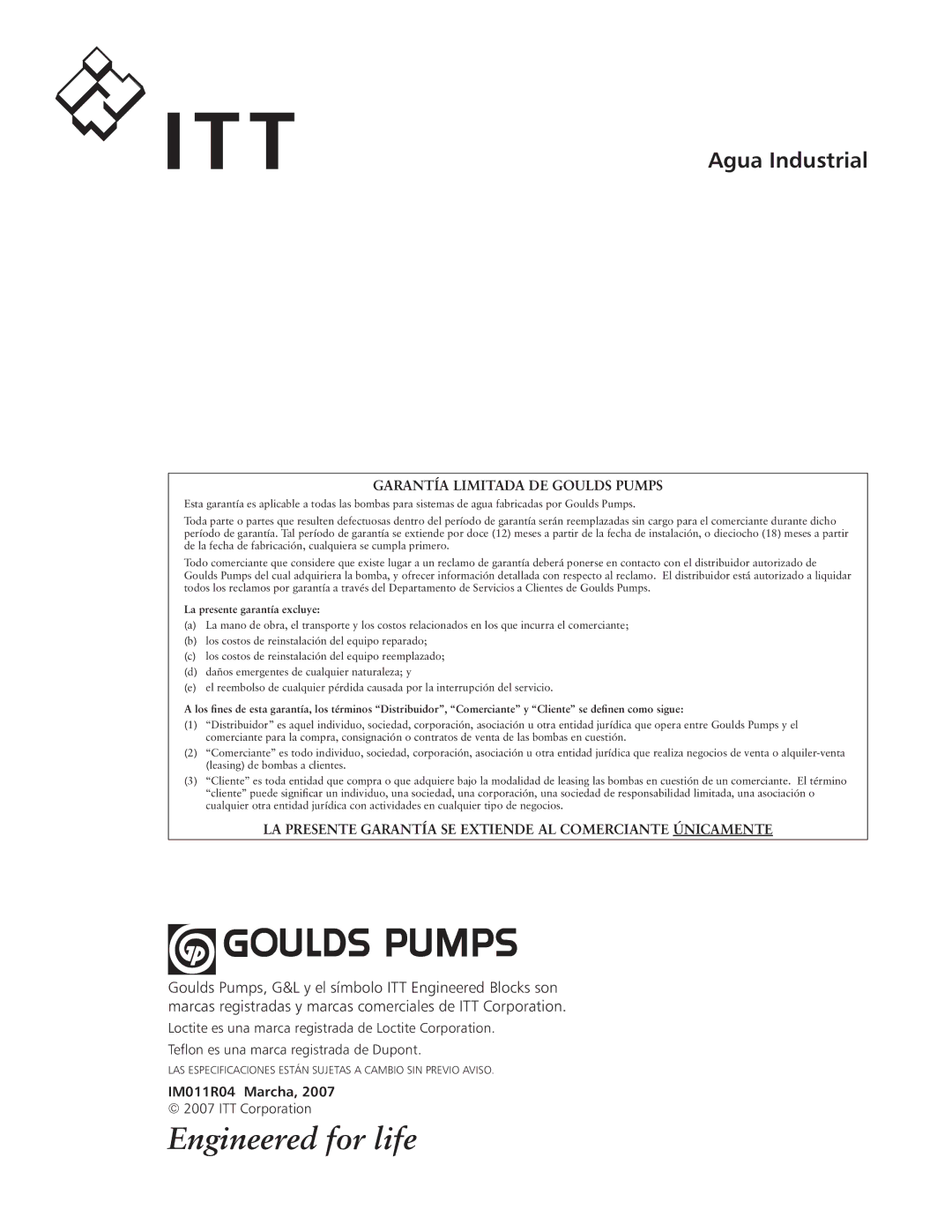 ITT ICS manual Garantía Limitada DE Goulds Pumps, IM011R04 Marcha 