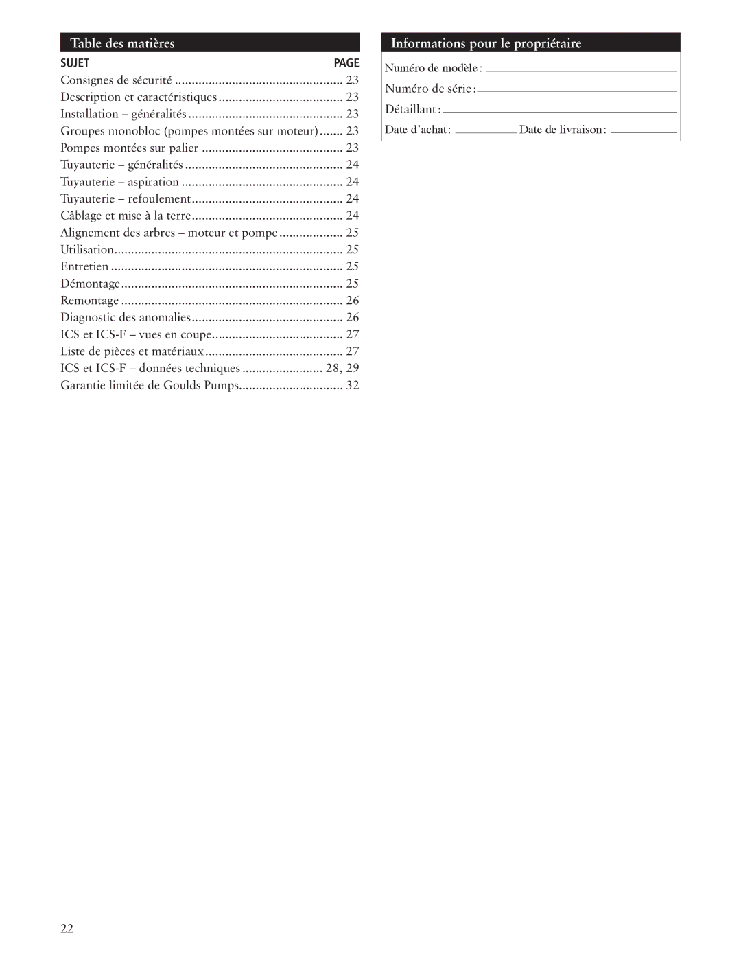 ITT ICS manual Table des matières, Informations pour le propriétaire 