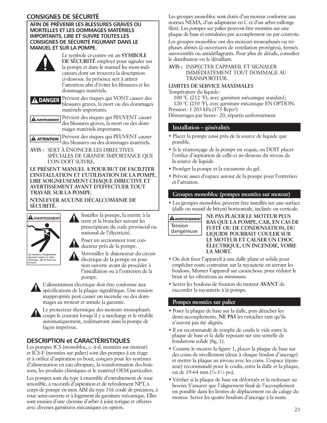 ITT ICS manual Installation généralités, Groupes monobloc pompes montées sur moteur, Pompes montées sur palier, Tension 