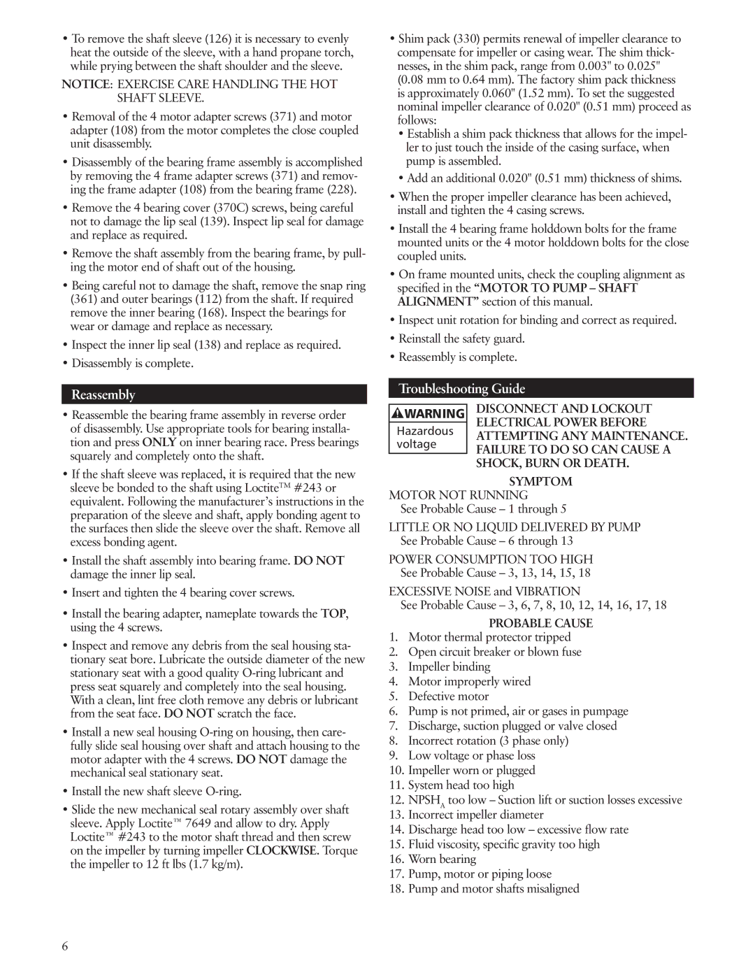 ITT ICS manual Reassembly, Troubleshooting Guide, Symptom, Probable Cause 