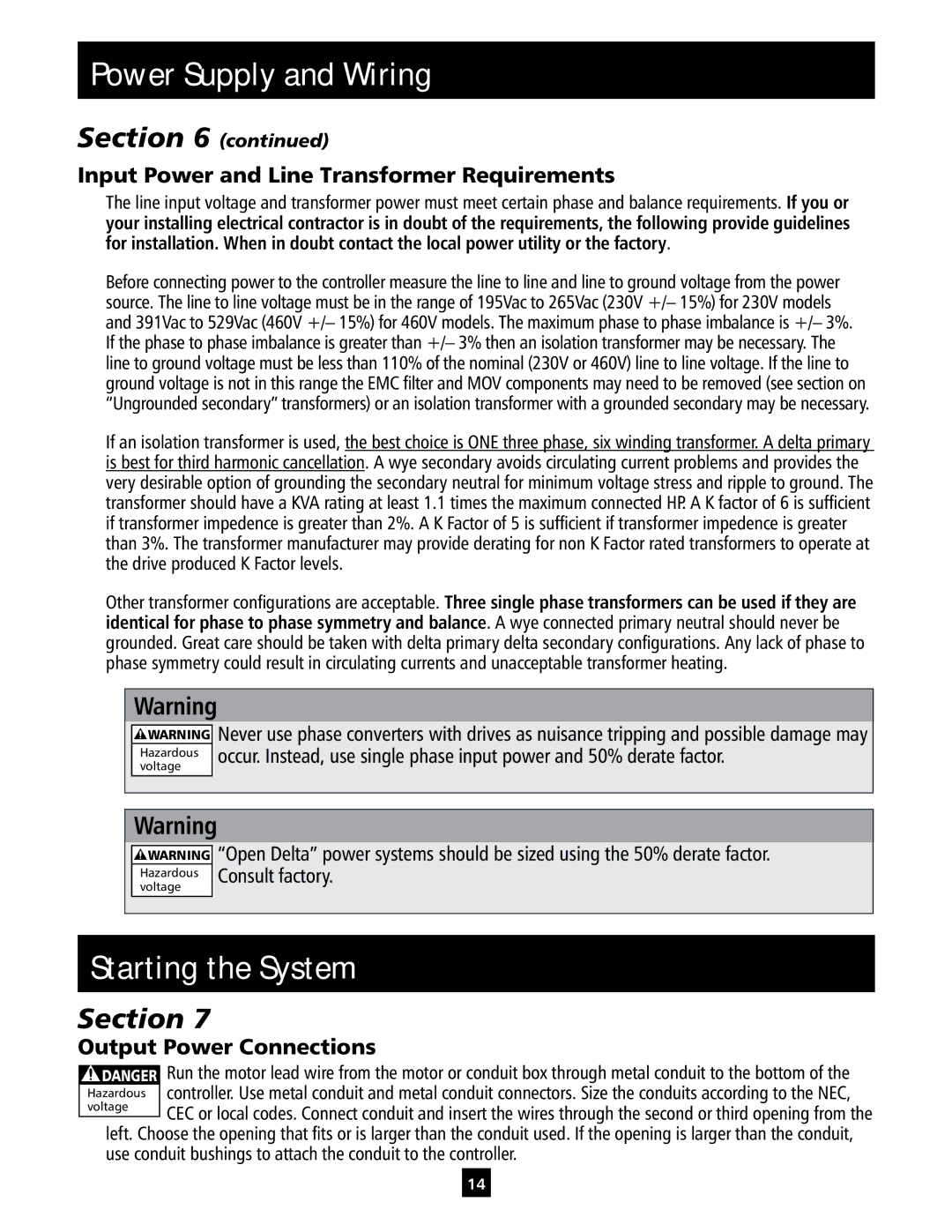 ITT IM213 manual Starting the System, Input Power and Line Transformer Requirements, Output Power Connections 