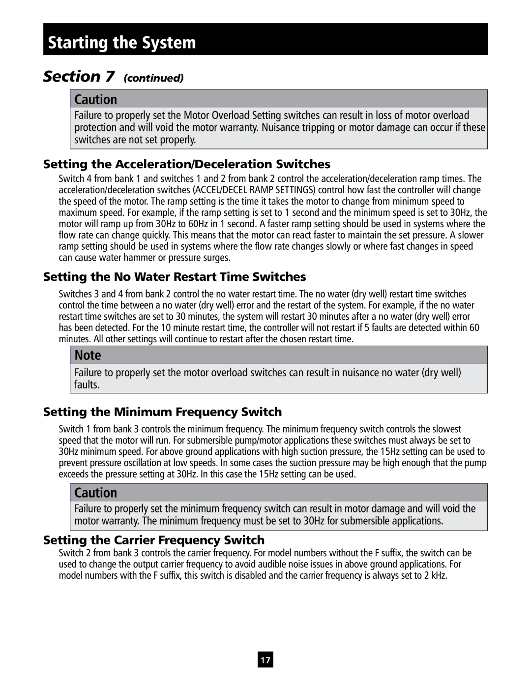 ITT IM213 manual Setting the Acceleration/Deceleration Switches, Setting the No Water Restart Time Switches 