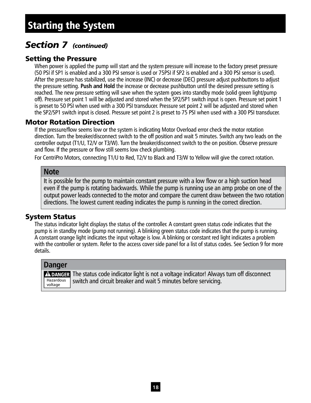 ITT IM213 manual Setting the Pressure, Motor Rotation Direction, System Status 