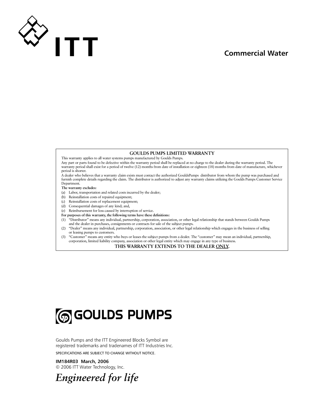 ITT SSH-C, SSH-F manual IM184R03 March 