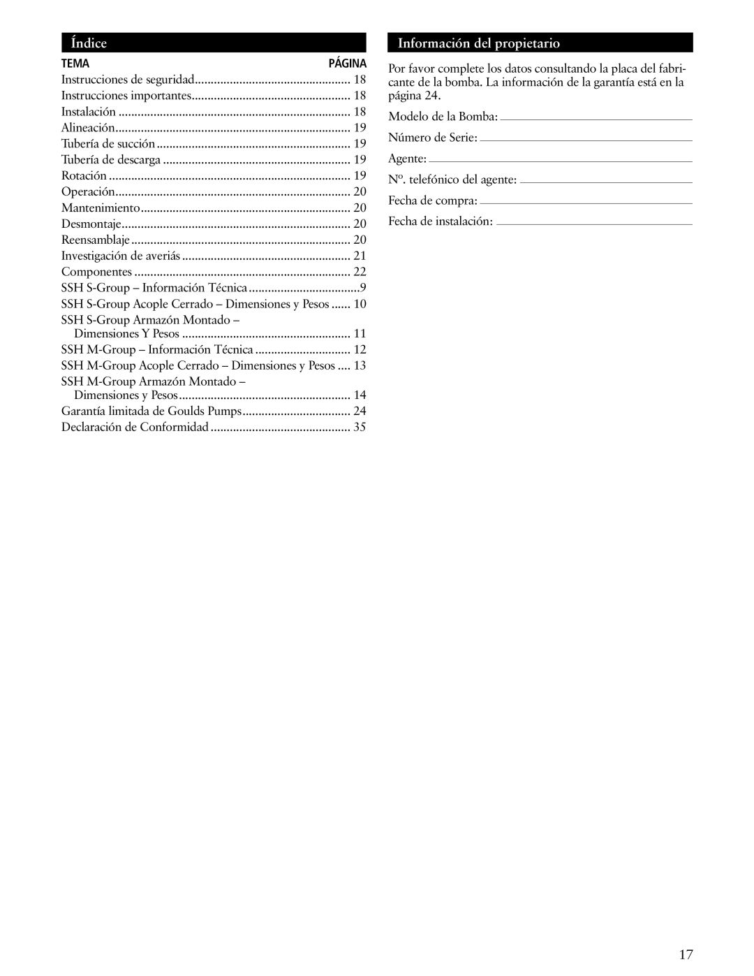 ITT SSH-C, SSH-F manual Índice, Información del propietario 