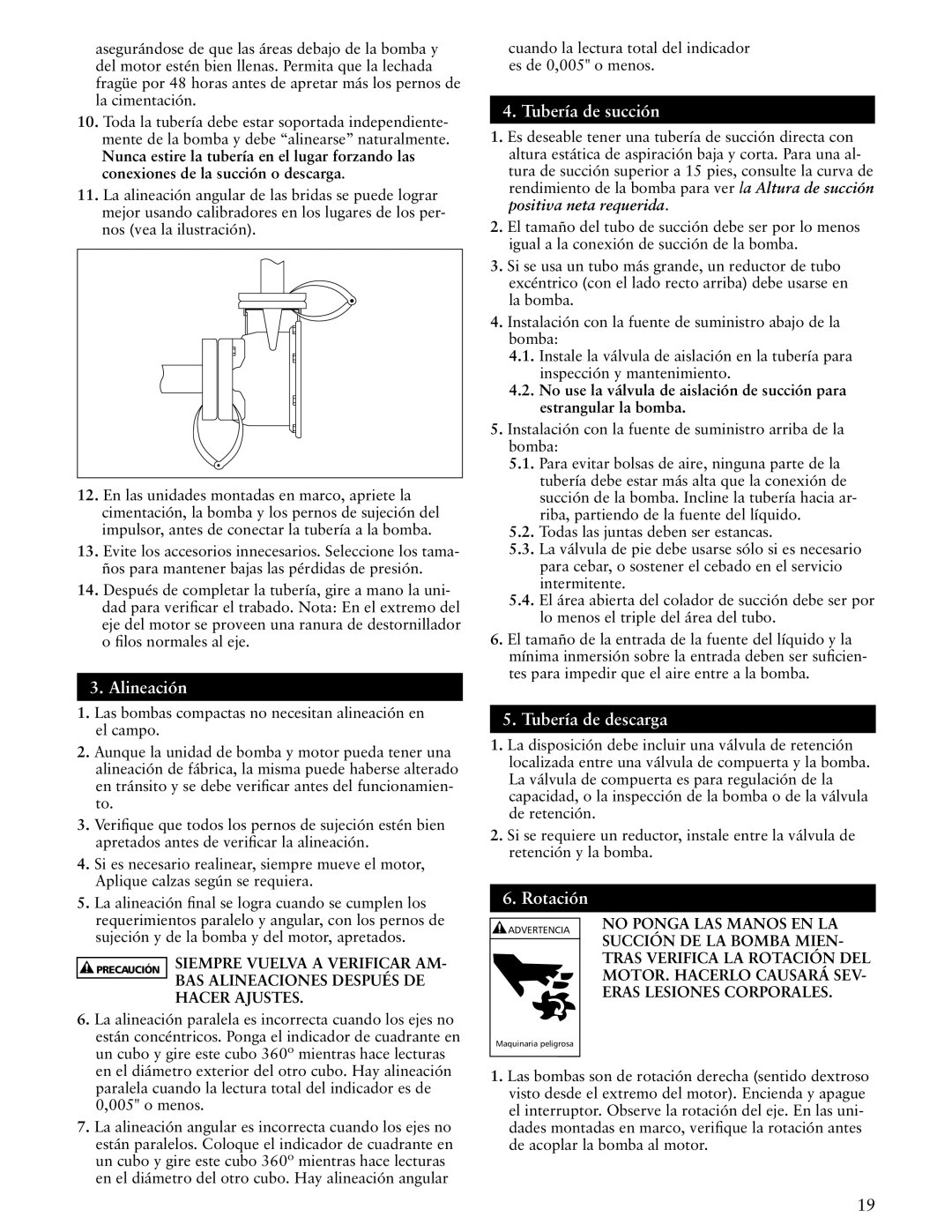 ITT SSH-C, SSH-F manual Alineación, Tubería de succión, Tubería de descarga, Rotación 