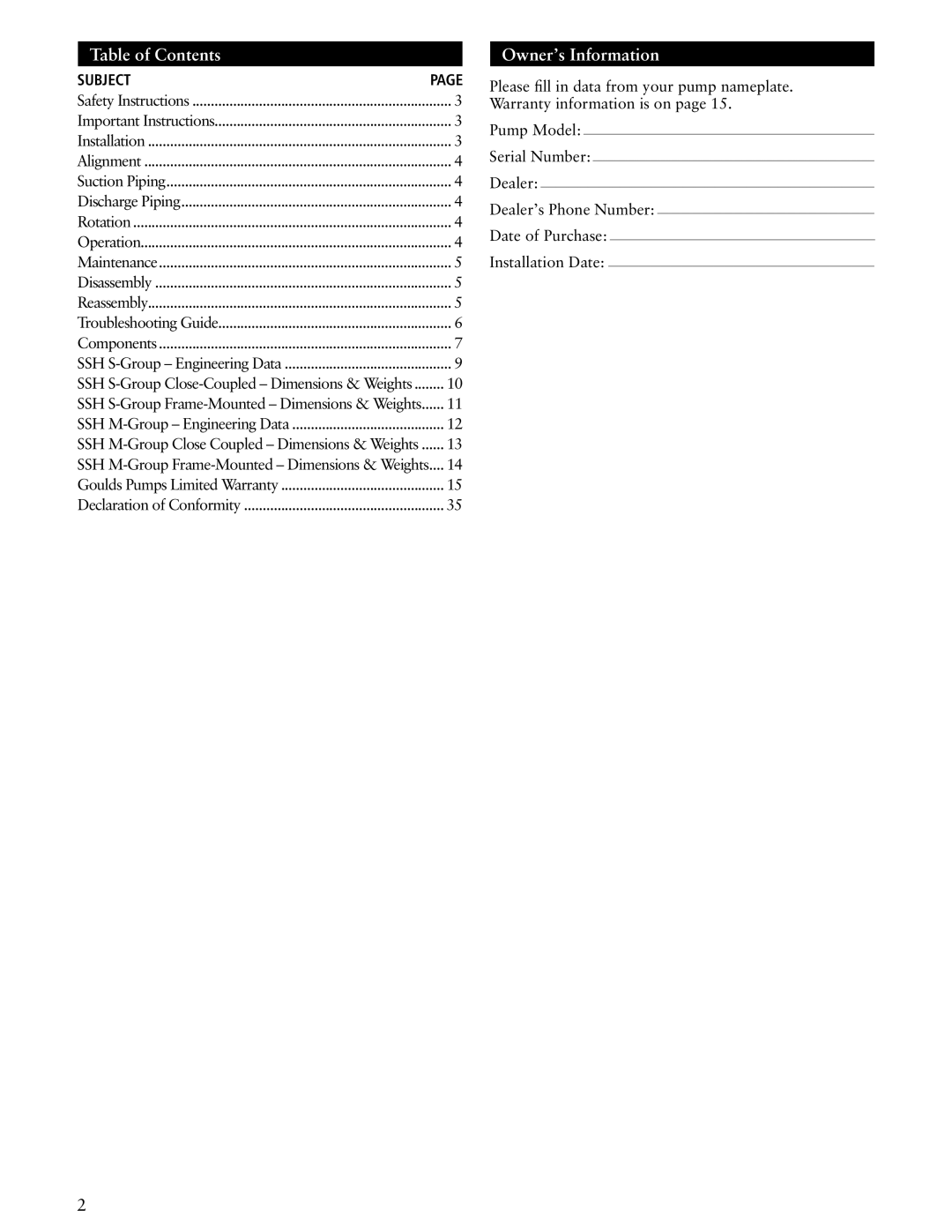 ITT SSH-F, SSH-C manual Table of Contents, Owner’s Information 