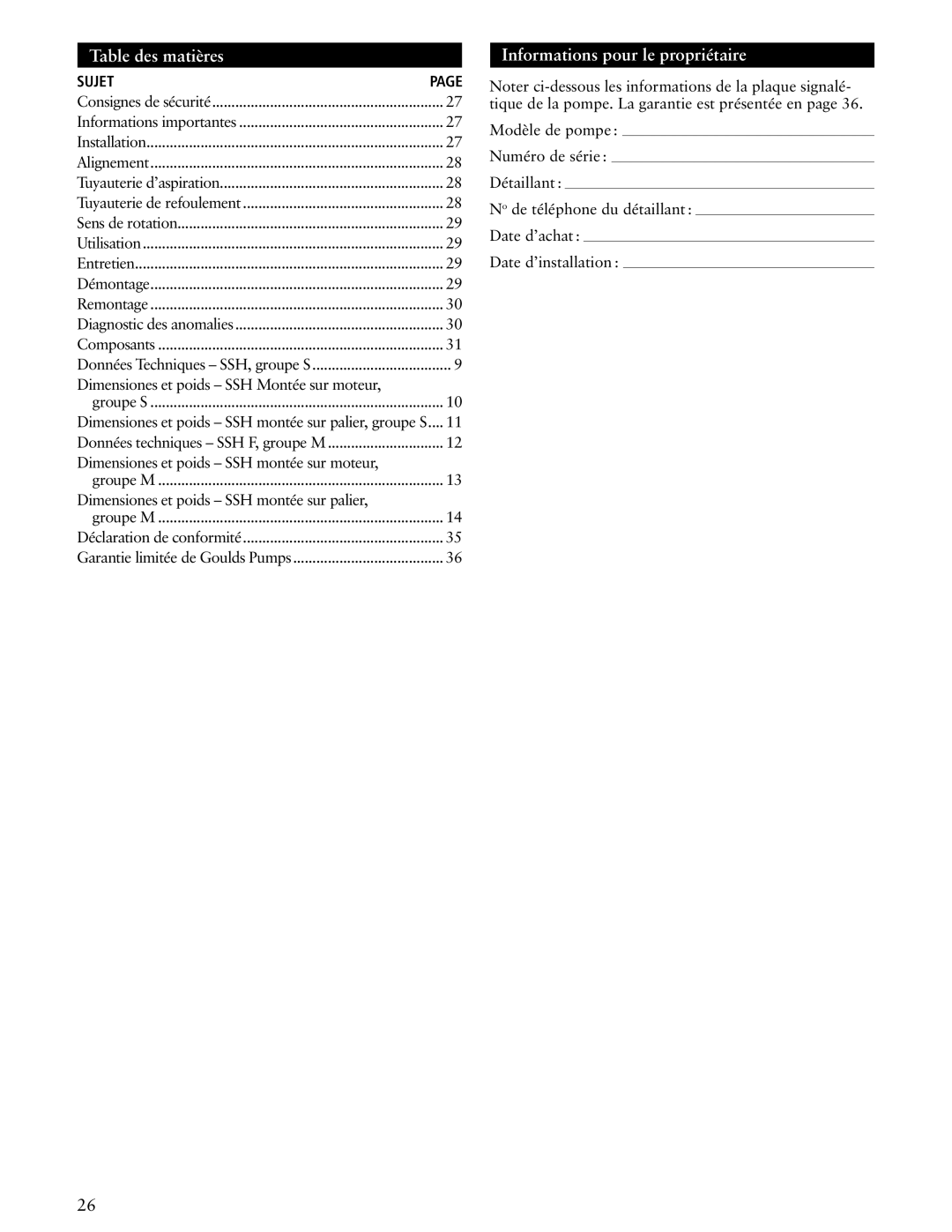 ITT SSH-F, SSH-C manual Table des matières, Informations pour le propriétaire 