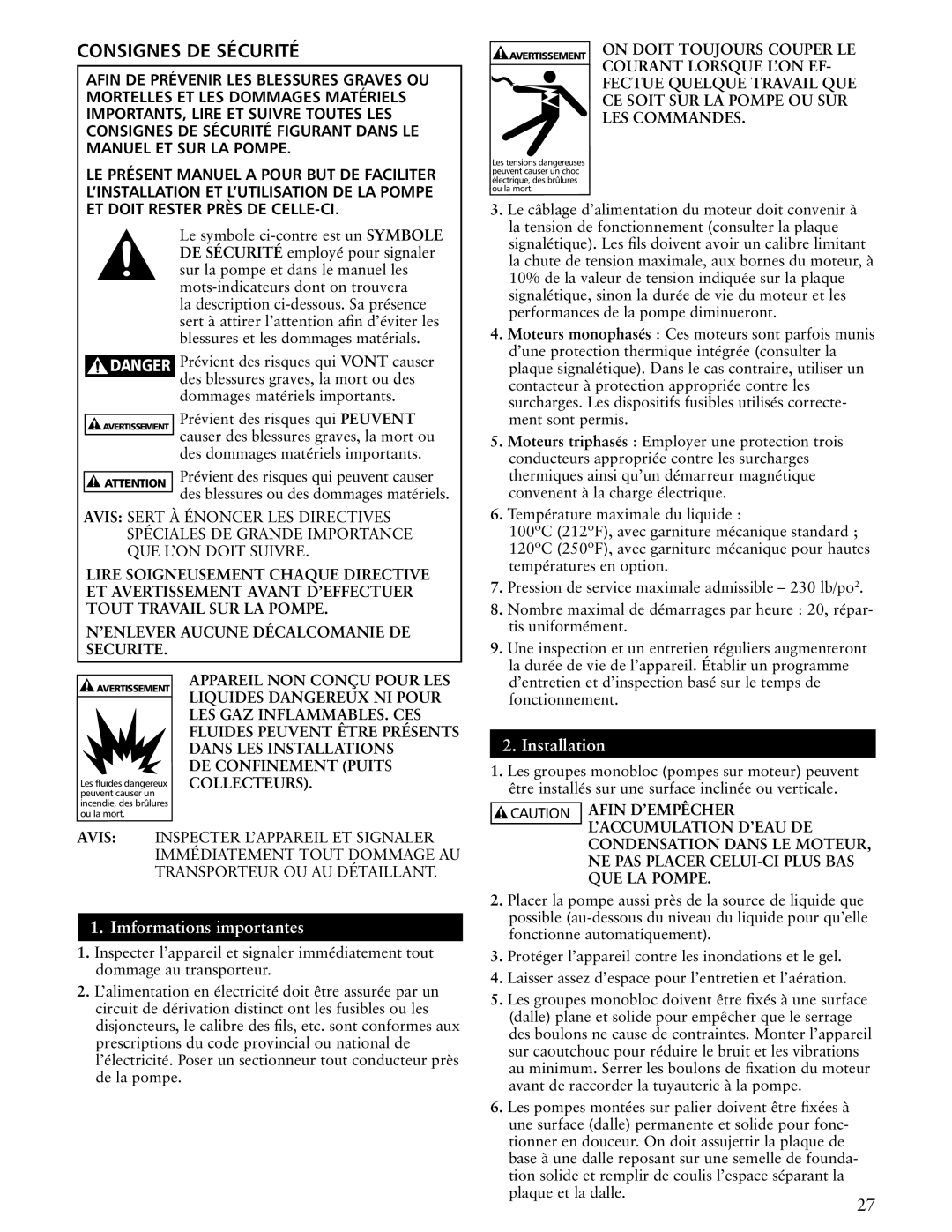 ITT SSH-C, SSH-F manual Installation, Imformations importantes 