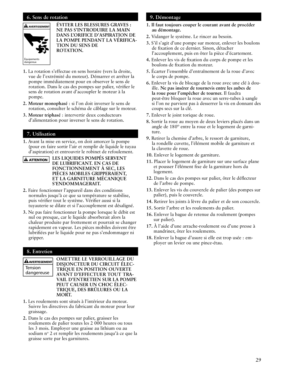 ITT SSH-C, SSH-F manual Sens de rotation, Utilisation, Entretien 