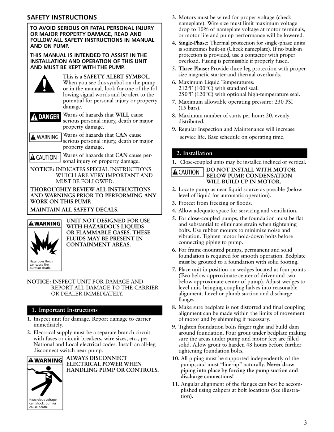 ITT SSH-C, SSH-F manual Safety Instructions, Important Instructions 