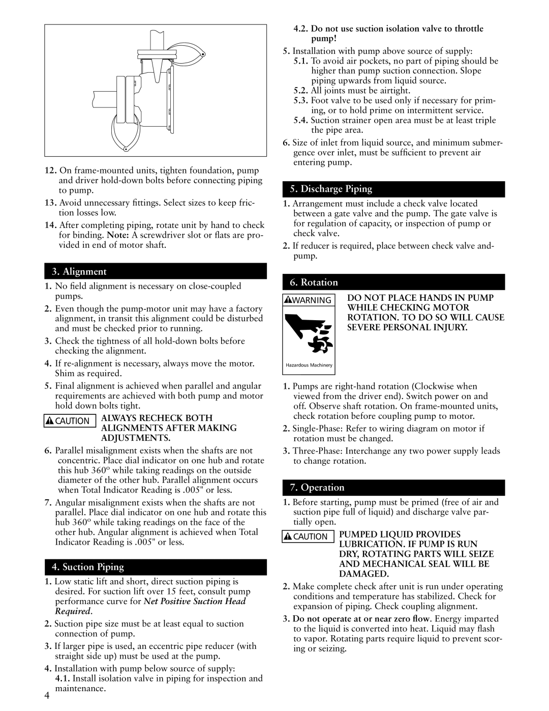 ITT SSH-F, SSH-C manual Alignment, Suction Piping, Discharge Piping, Rotation, Operation 