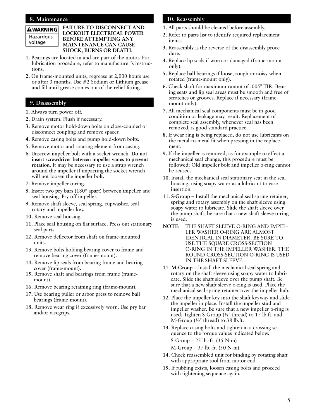 ITT SSH-C, SSH-F manual Maintenance, Disassembly, Reassembly 