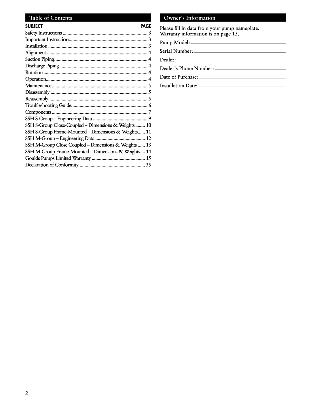 ITT SSH-F, SSH-C manual Table of Contents, Owner’s Information, Subject 