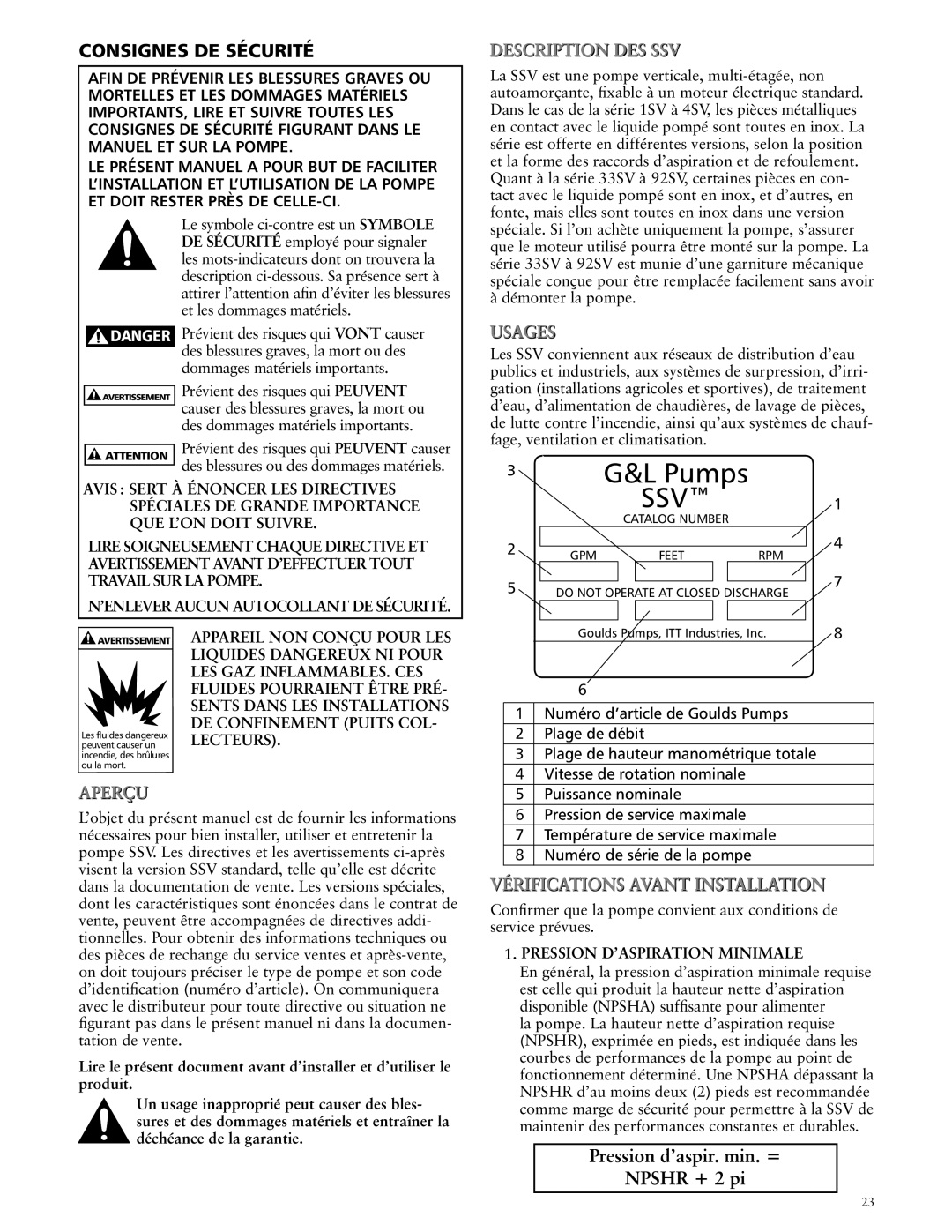 ITT SSV manual Consignes DE Sécurité, Pression D’ASPIRATION Minimale 