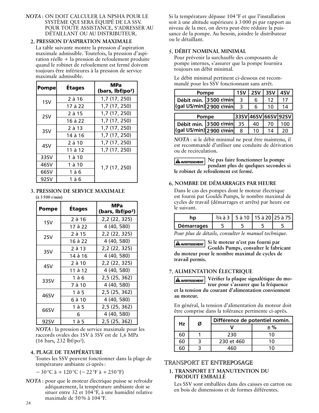 ITT SSV manual Pompe Étages MPa Bars, lbf/po², 900 r/min Pompe 33SV 46SV 66SV 92SV Débit min 500 r/min, Démarrages, ± % 