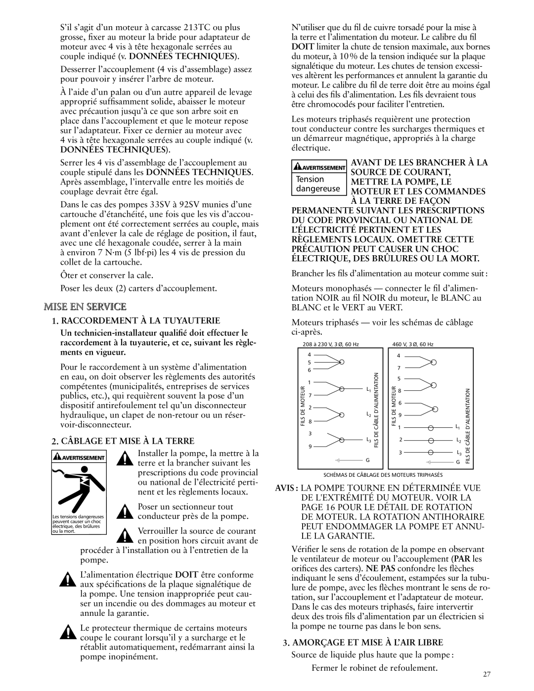 ITT SSV manual Données Techniques, Raccordement À LA Tuyauterie, Câblage ET Mise À LA Terre 