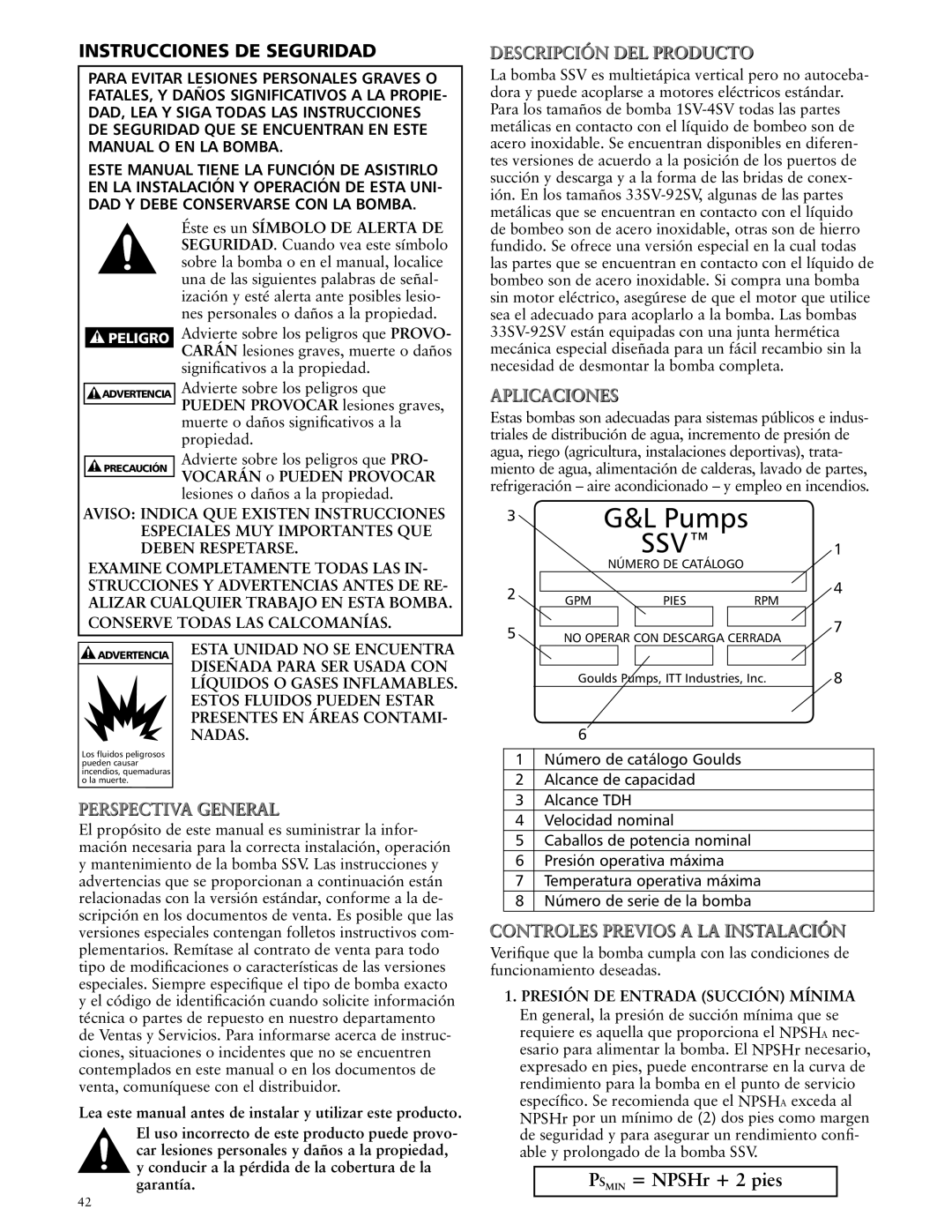 ITT SSV manual Instrucciones DE Seguridad 