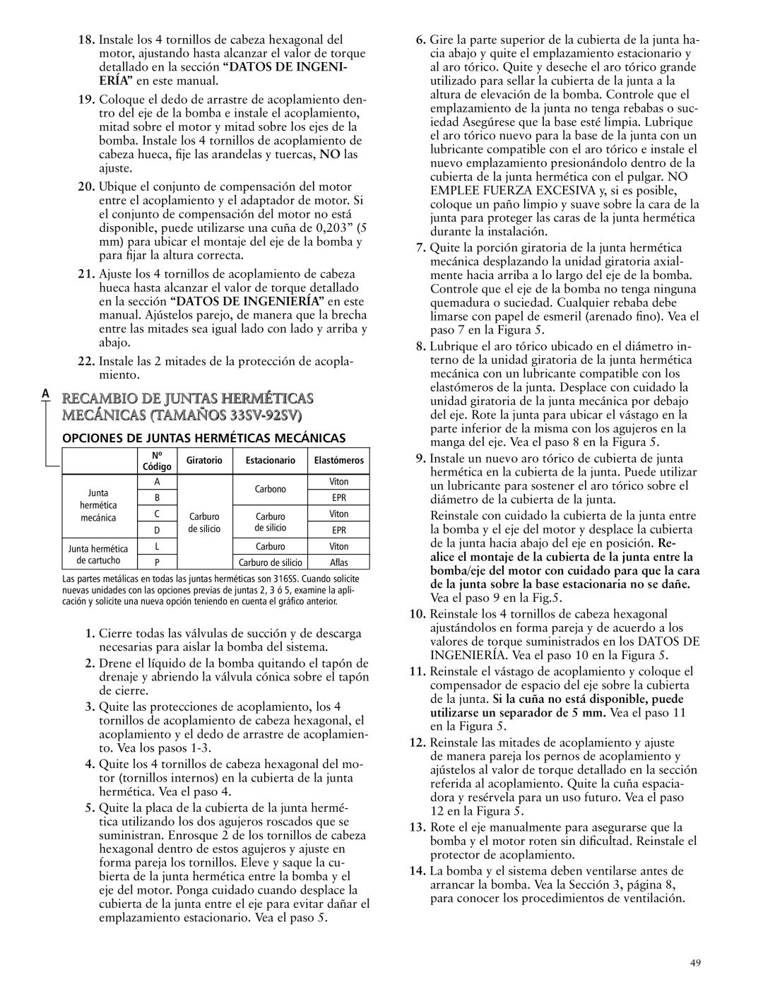 ITT SSV manual Recambio DE Juntas Herméticas Mecánicas Tamaños 33SV-92SV, Giratorio 