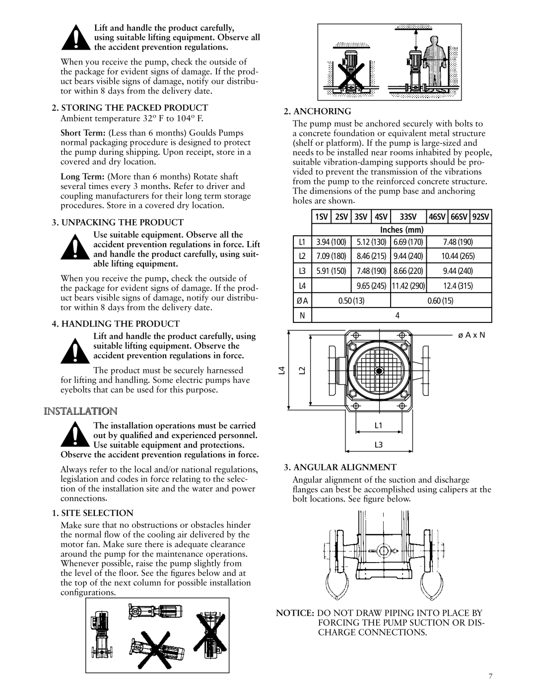 ITT SSV manual Anchoring, 3SV, Inches mm, Site Selection, Angular Alignment 