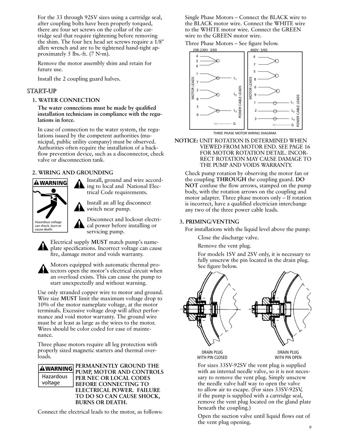 ITT SSV manual Wiring and Grounding, Priming/Venting 