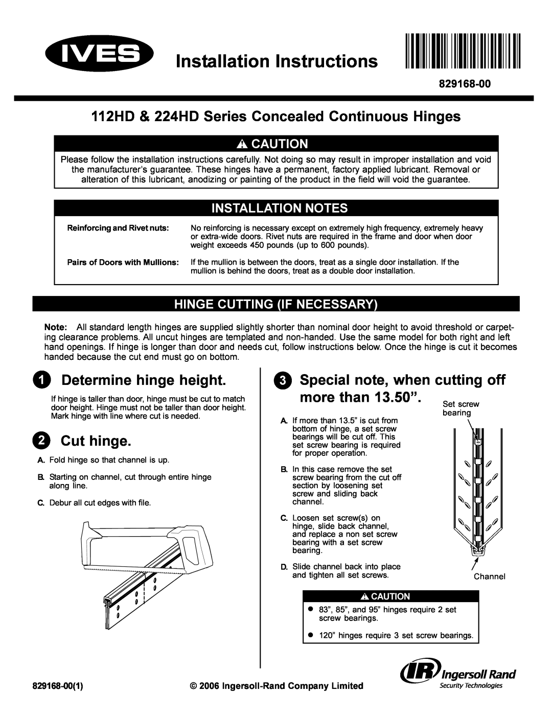 Ives installation instructions 112HD & 224HD Series Concealed Continuous Hinges, Determine hinge height, Cut hinge 