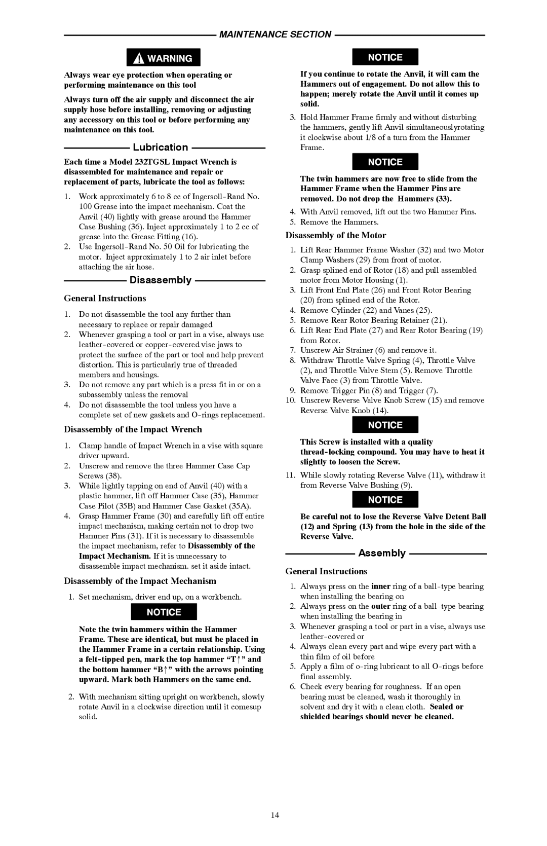 Ives 232TGSL manual Lubrication, Maintenance Section 