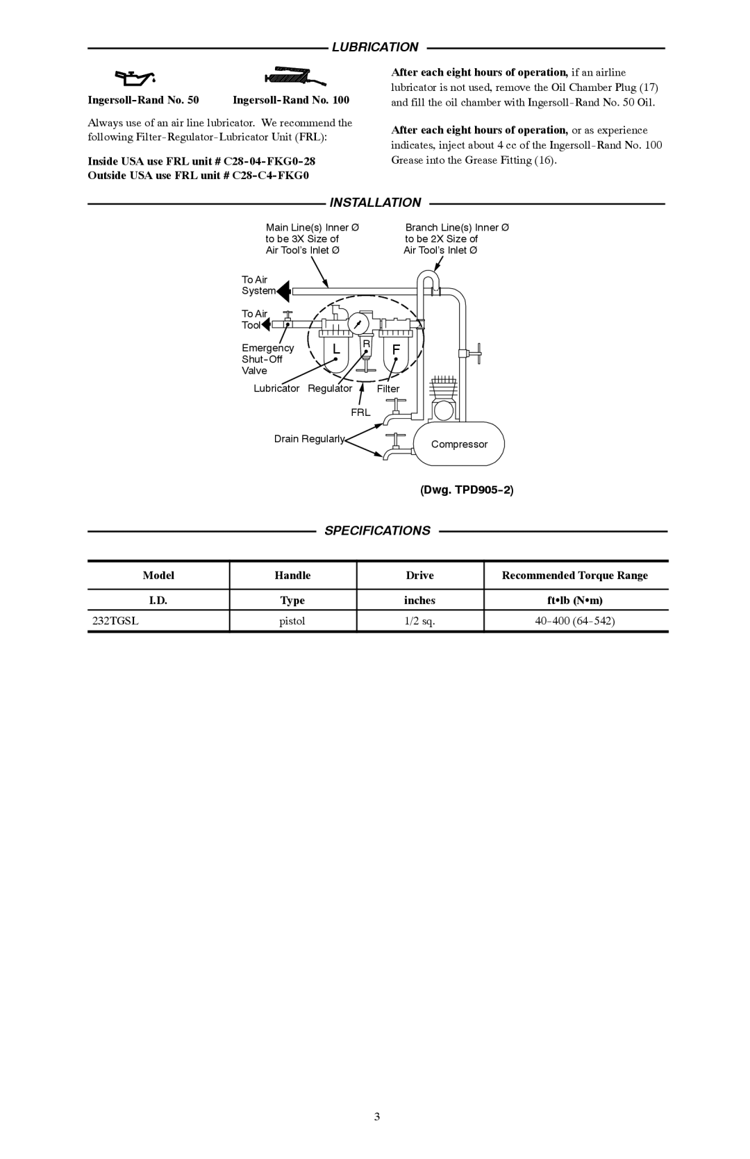 Ives 232TGSL manual Lubrication, Installation, Specifications, Dwg. TPD905--2 