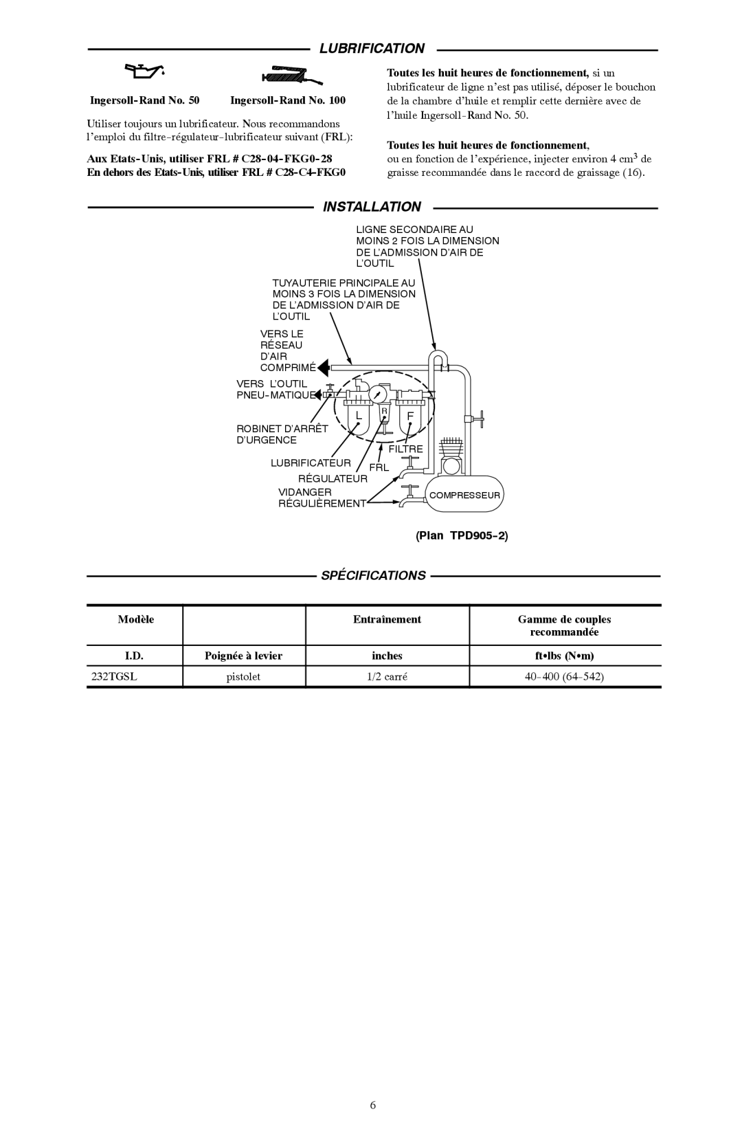 Ives 232TGSL manual Toutes les huit heures de fonctionnement, Plan TPD905--2 