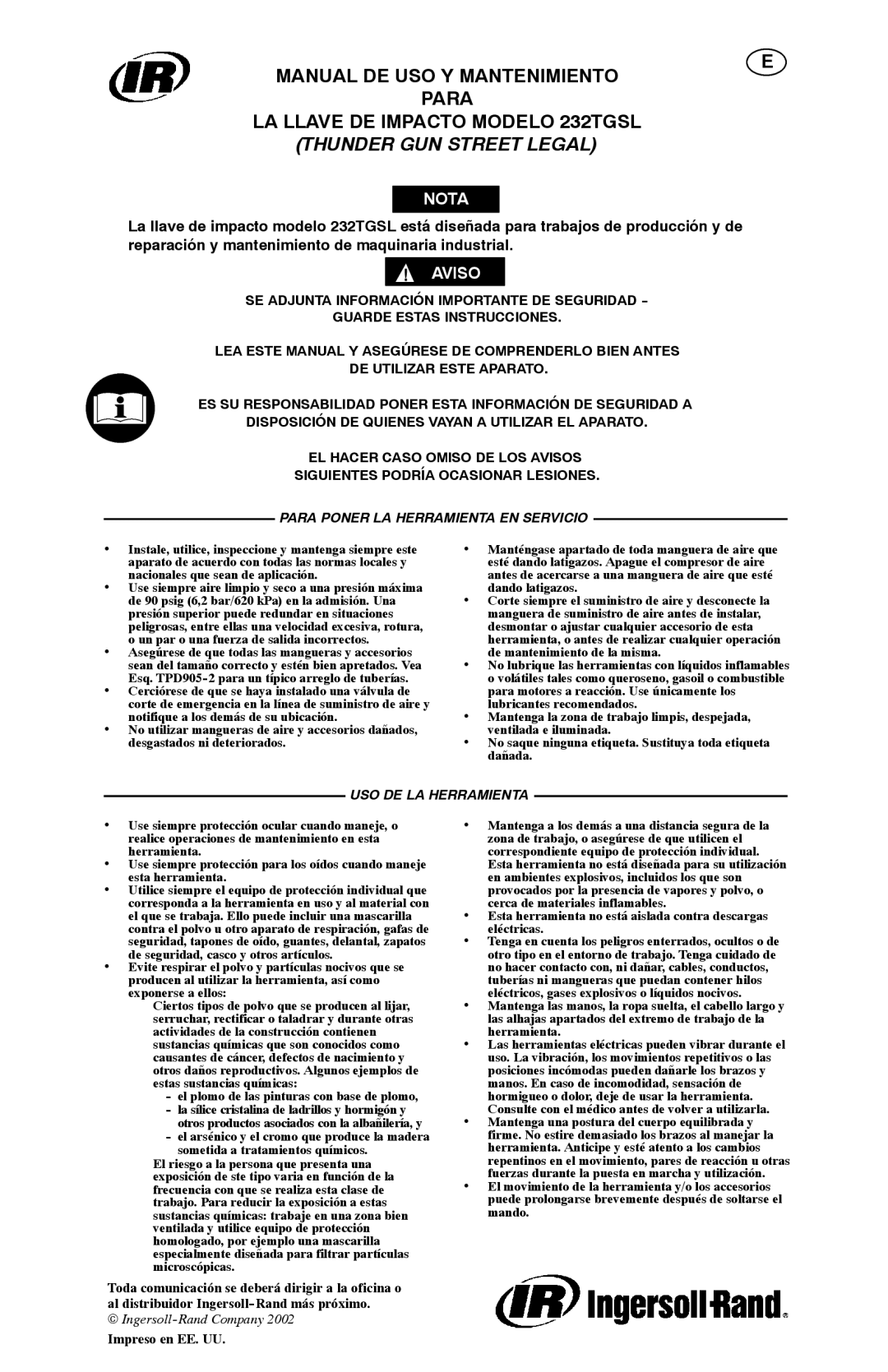 Ives 232TGSL manual Nota, Impreso en EE. UU 