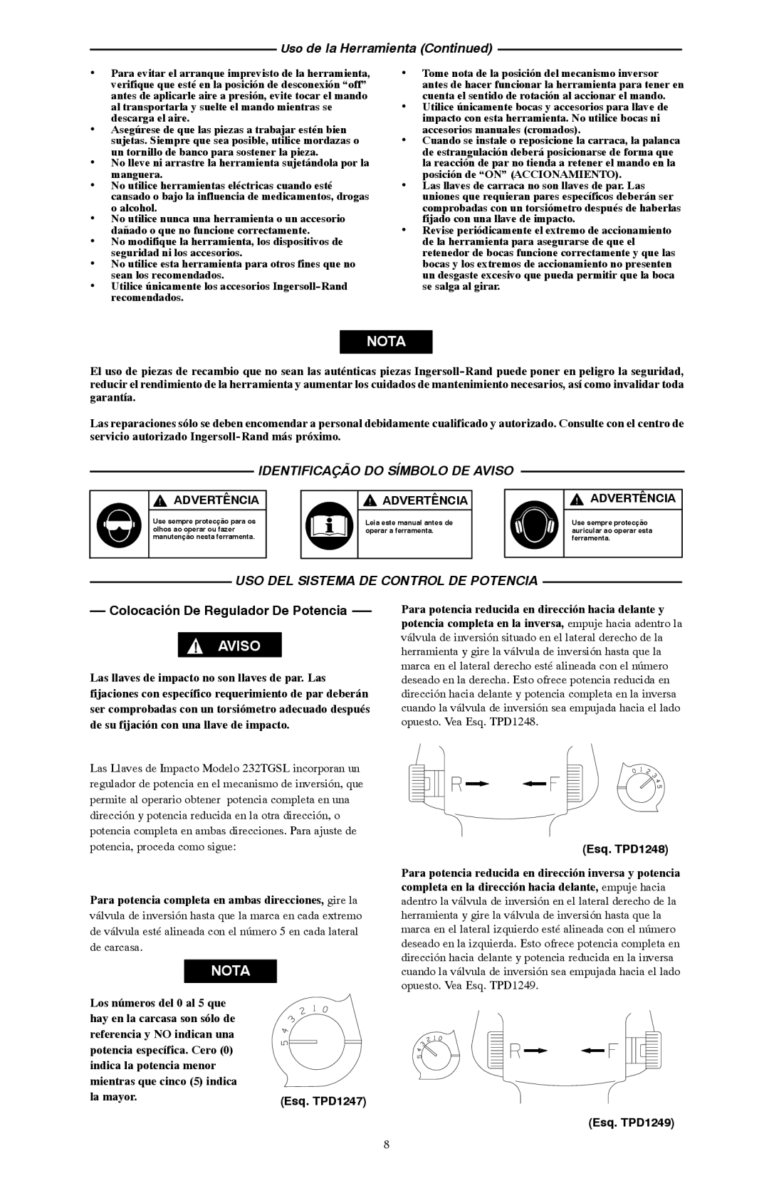 Ives 232TGSL manual Uso de la Herramienta, Identificação do Símbolo DE Aviso, USO DEL Sistema DE Control DE Potencia 