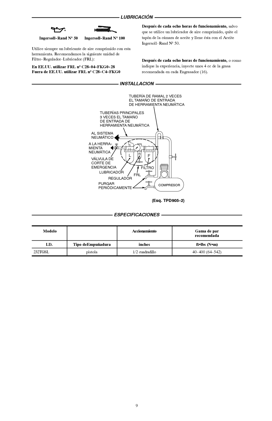 Ives 232TGSL manual Lubricación, Installacion, Esq. TPD905--2 