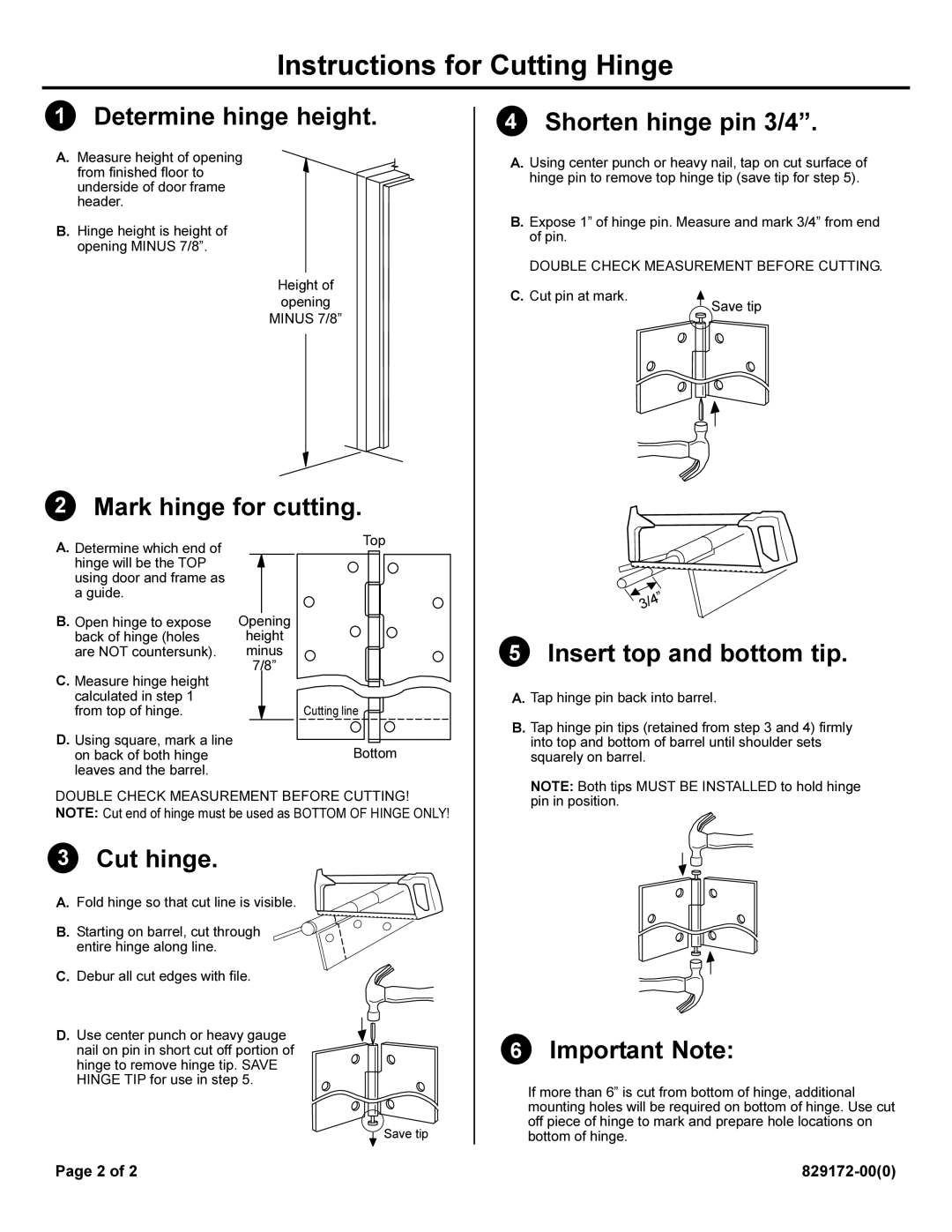 Ives 611 Series Determine hinge height, Mark hinge for cutting Shorten hinge pin 3/4, Insert top and bottom tip, Cut hinge 