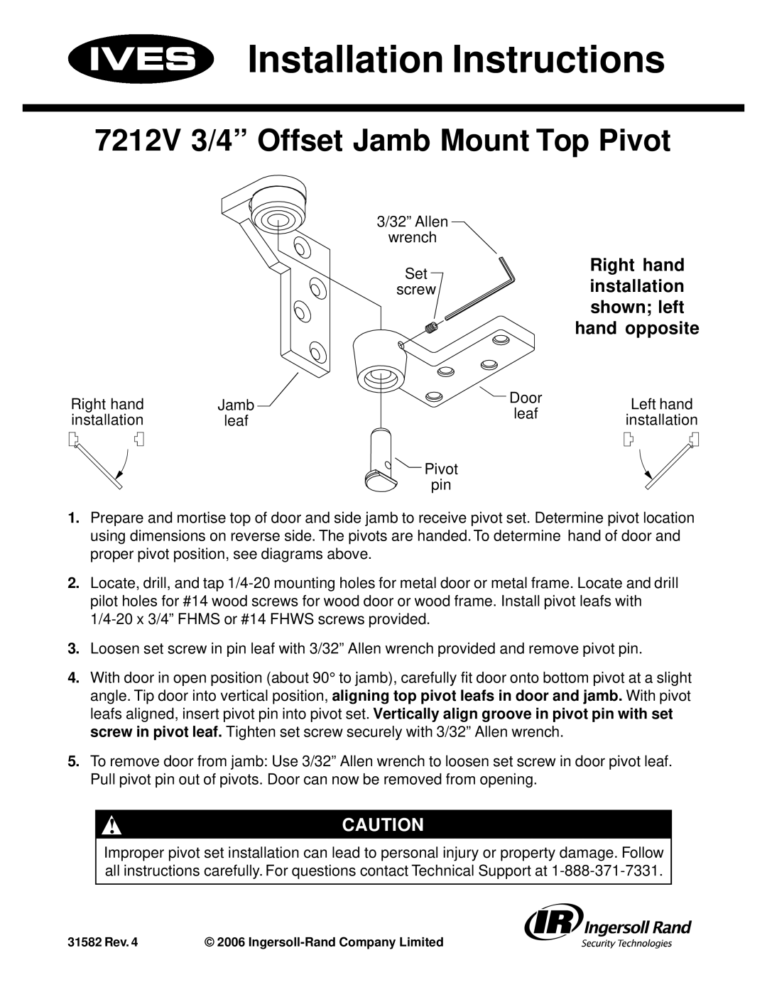 Ives installation instructions Installation Instructions, 7212V 3/4 Offset Jamb Mount Top Pivot, Right hand 