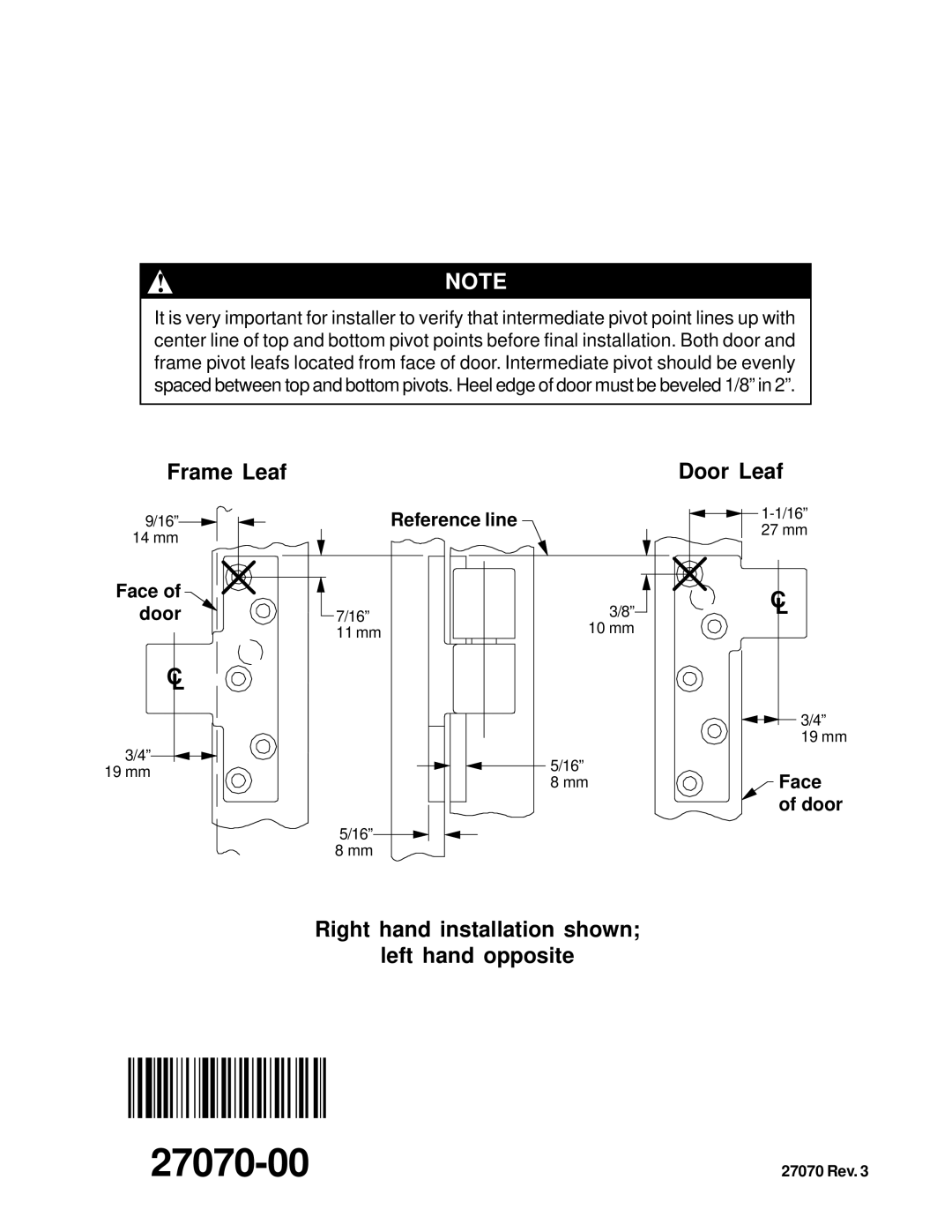 Ives 7227PT, 7226PT, 7215PT installation instructions Frame Leaf, Door Leaf, Right hand installation shown Left hand opposite 